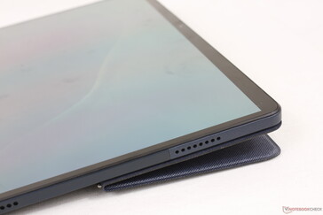 Narrow display bezels than most Chromebooks on all four sides. The back cover attaches to the tablet magnetically