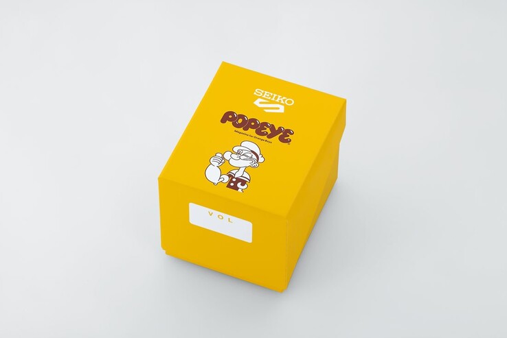 Yellow special-edition presentation box for the Seiko 5 Sports x Popeye HDB013 with Popeye branding and anniversary artwork.