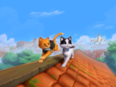 Key promotional visual for The Missing Tail, featuring the royal cat and stray cat exploring a village together.