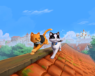 Key promotional visual for The Missing Tail, featuring the royal cat and stray cat exploring a village together.