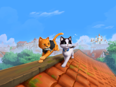 Key promotional visual for The Missing Tail, featuring the royal cat and stray cat exploring a village together.