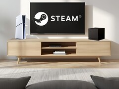 Valve Steam Machine next to PS5 in living room (Image source: Sony PlayStation, Valve with edits)