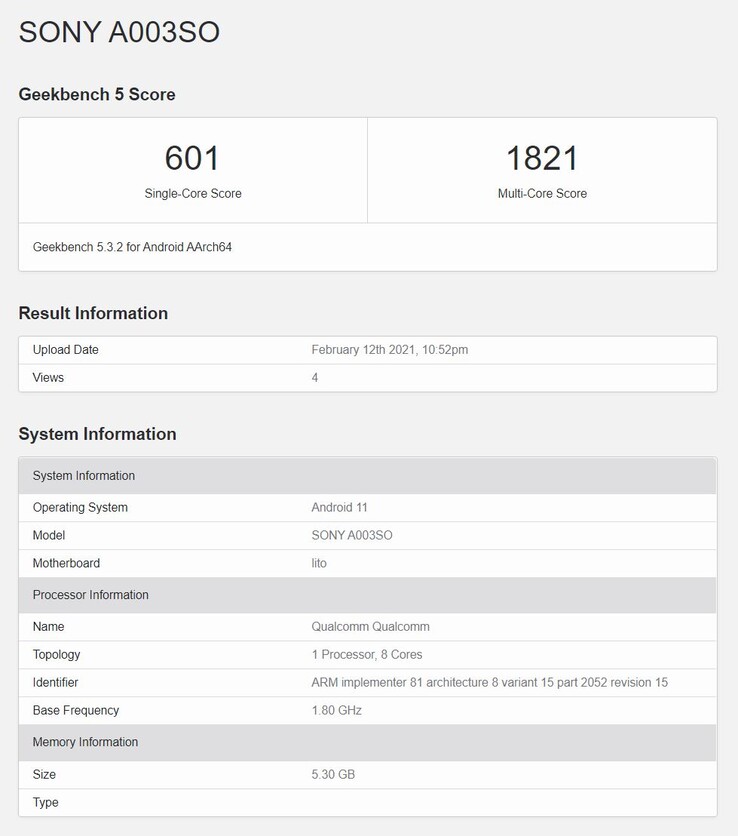 Alleged Xperia 10 III benchmark. (Image source: via Sumahoinfo)