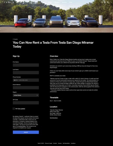 Tesla goes rental: Various models, including the Cybertruck, can be rented in California for up to one week, with FSD and free charging. (Image source: Tesla)