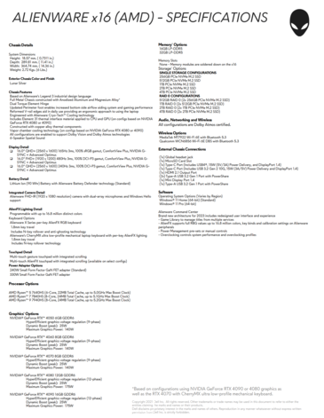 Alienware x16 with AMD Ryzen 7000HS - Specifications. (Source: Dell)