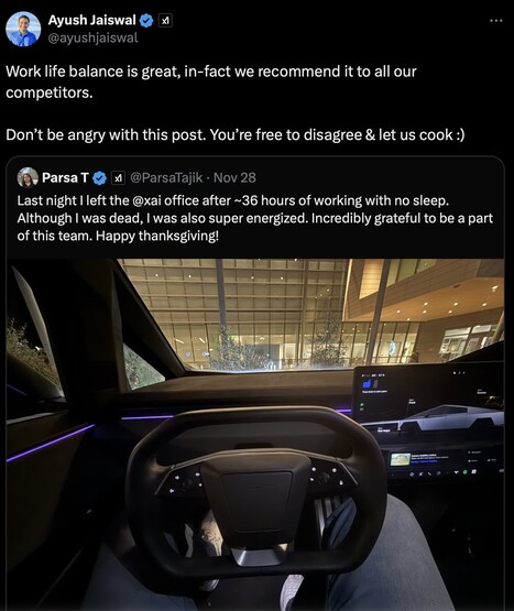 xAI employee Parsa Tajik claimed to have worked for 36 hours without sleep. (Image source: X)
