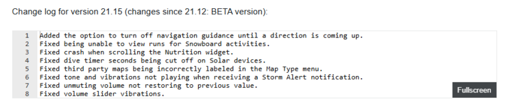The change log for beta version 21.15 for the Fenix 8 and related smartwatches. (Image source: Garmin)