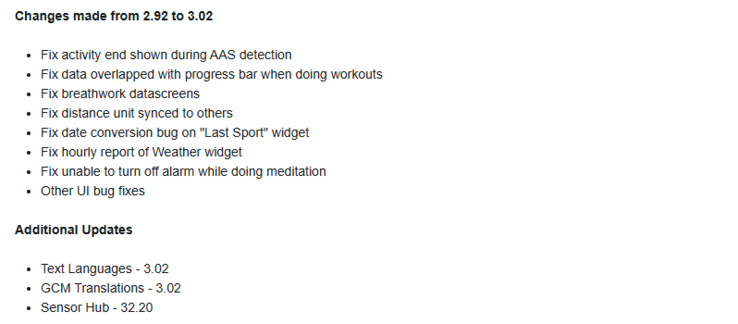 The change log for software version 3.02 for the Garmin Lily 2 Active smartwatch. (Image source: Garmin)