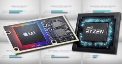 The Apple M1 SoC managed to beat the AMD Ryzen 9 5900HX in the majority of the benchmarks. (Image source: Apple/AMD/Max Tech - edited)
