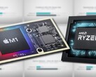 The Apple M1 SoC managed to beat the AMD Ryzen 9 5900HX in the majority of the benchmarks. (Image source: Apple/AMD/Max Tech - edited)