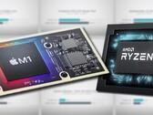 The Apple M1 SoC managed to beat the AMD Ryzen 9 5900HX in the majority of the benchmarks. (Image source: Apple/AMD/Max Tech - edited)