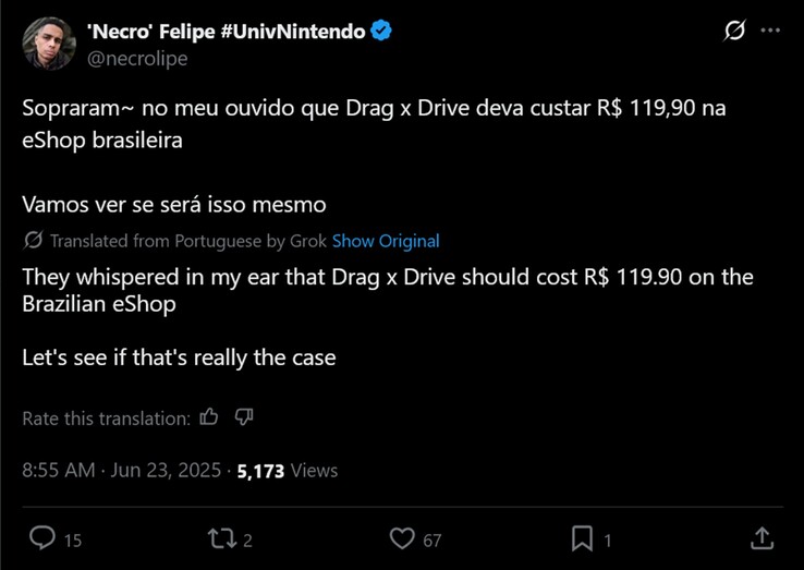 'Necro Felipe' X post on Drag x Drive price (Image source: 'Necro" Felipe X account)