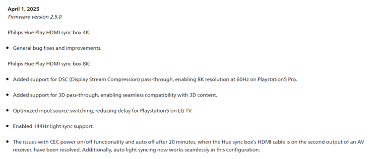 The change log for firmware version 2.5.0 for the Philips Hue Play HDMI sync boxes. (Image source: Philips Hue)