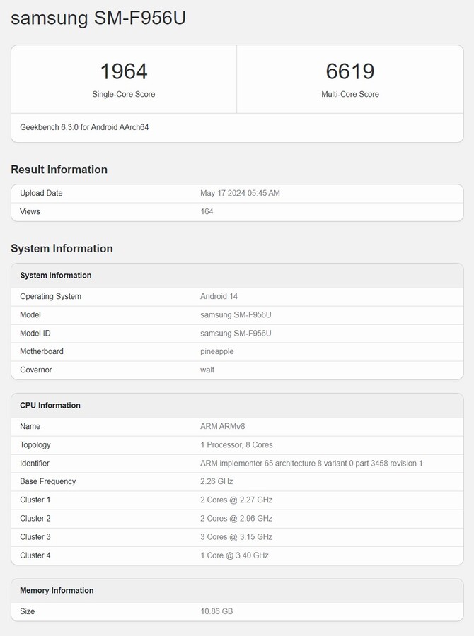 A US model of the Samsung Galaxy Z Fold6 with Snapdragon 8 Gen 3 has appeared on Geekbench.