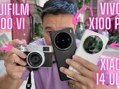 Youtuber Ben's Gadget Reviews shows comparison images of a Fujifilm X100VI with the Vivo X100 Pro and Xiaomi 14 Ultra flagship camera smartphones.