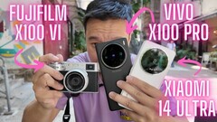 Youtuber Ben's Gadget Reviews shows comparison images of a Fujifilm X100VI with the Vivo X100 Pro and Xiaomi 14 Ultra flagship camera smartphones.