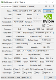 GeForce RTX 3050 GPU-Z pulled from the Dell Inspiron 16 7610. Note the significant cuts to TMUs and memory bus width despite the high unified shader count
