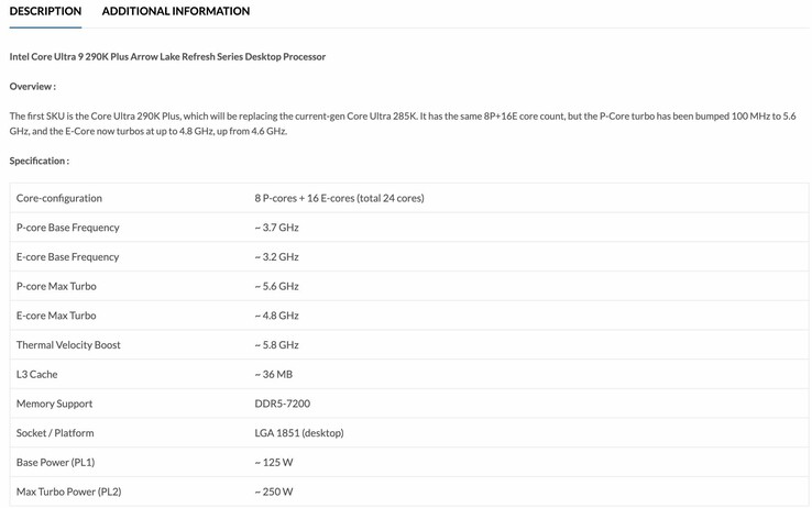 Previously leaked product listing for the Core Ultra 9 290K Plus CPU indicated higher boost clocks.
