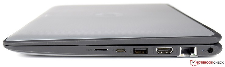 Right: microSD-card reader, USB 3.1 Type C, USB 3.1 Gen 1, HDMI 1.4b, RJ45, status LED, power