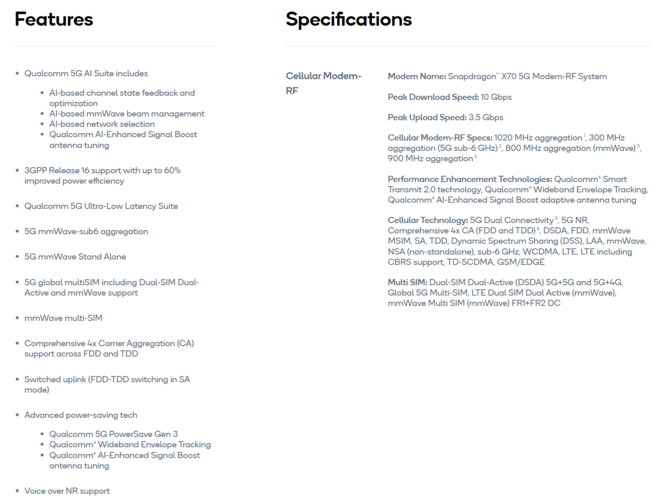Qualcomm Snapdragon X70 5G modem - Specifications. (Source: Qualcomm)