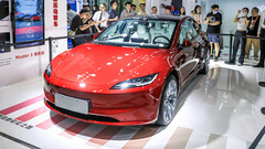 The Model 3 Highland in a showroom in Beijing (image: Tesla China)