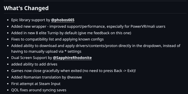 A screenshot showing the changelog of GameNative version 0.7.1.