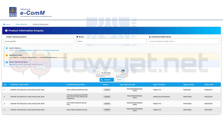 Honor Pad 20 series tablets receives SIRIM certification.