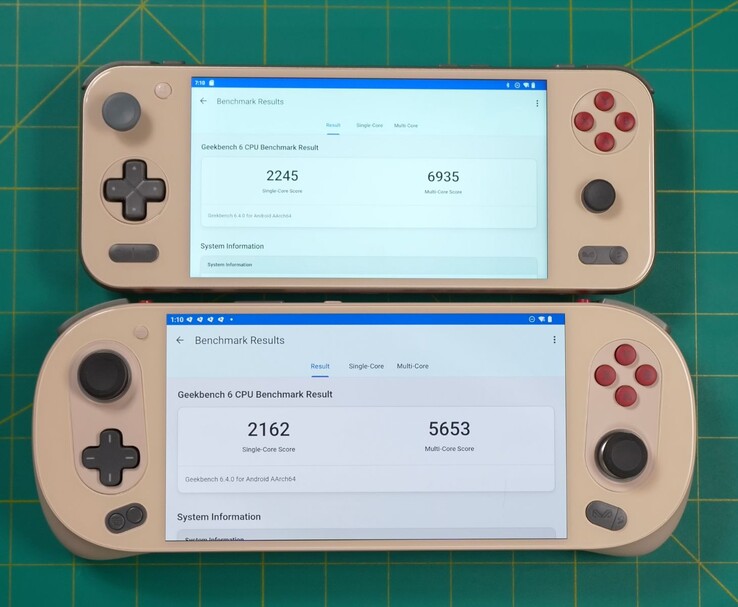 Ayaneo Pocket S2 (top) and Ayaneo Pocket Evo (bottom) displaying Geekbench 6 CPU benchmark results, showing higher single-core and multi-core scores on the Pocket S2. (Image source: Retro Game Corps)