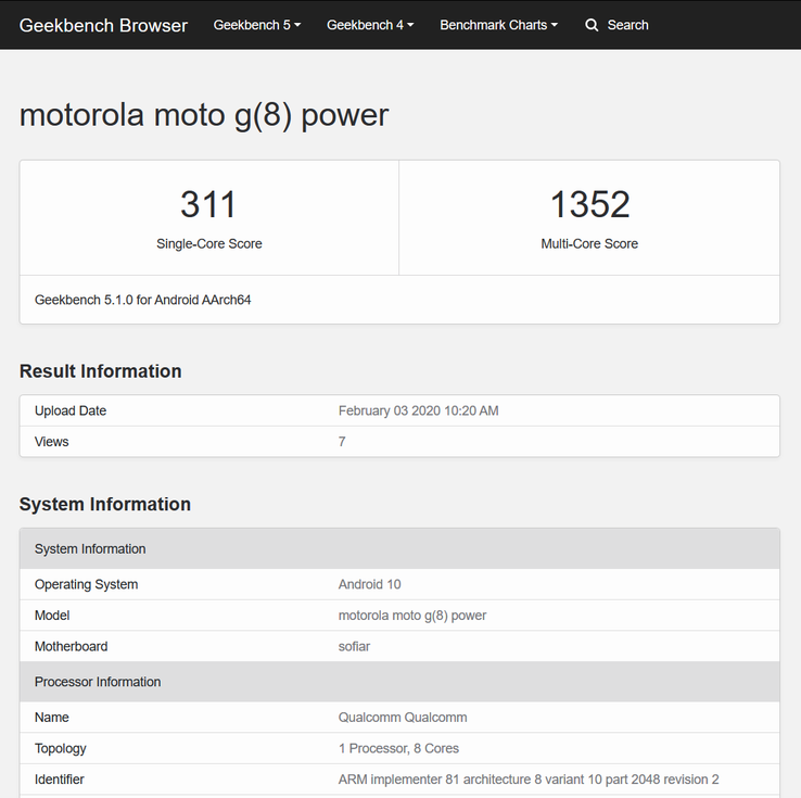 The alleged G8 Power on Geekbench. (Source: Geekbench)