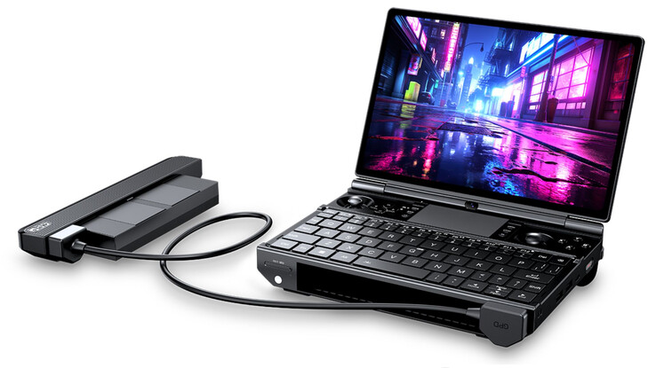 The GPD Win Max 3 with its removeable battery attached via an extension cable.