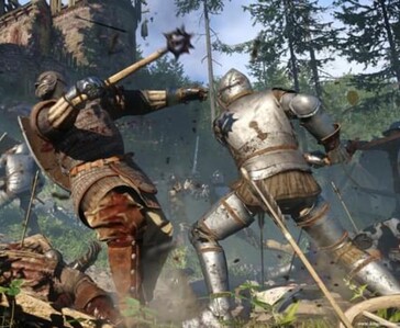 Close-up melee combat in Kingdom Come: Deliverance with two armored knights fighting using medieval weapons.