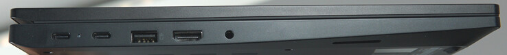 Ports left: USB-C (5 Gbit/s, PD, DP), USB-C (10 Gbit/s, PD, DP), USB-A (10 Gbit/s), HDMI, headset