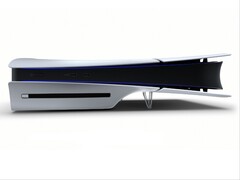 PS5 console on its side with included stand.