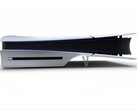 PS5 console on its side with included stand.