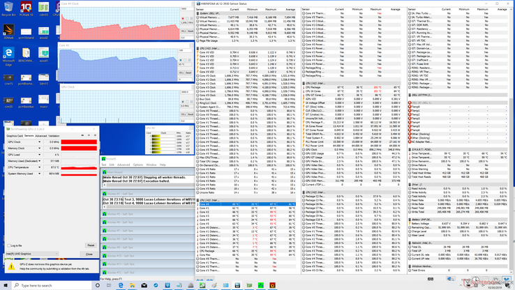 HWiNFO whilst running Prime95 stress. Note the spike in performance up to about 3 GHz before declining over time and eventually cycling in both clock rates and temperature. Like most ULV CPUs, the Core i7-10710U in the Dell XPS 13 is unable to maintain maximum Turbo Boost indefinitely