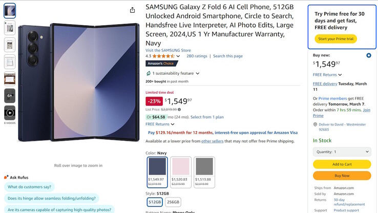 The Samsung Galaxy Z Fold6 512 GB priced at 23% off MSRP in limited time Amazon deal. (Image source: Notebookcheck)