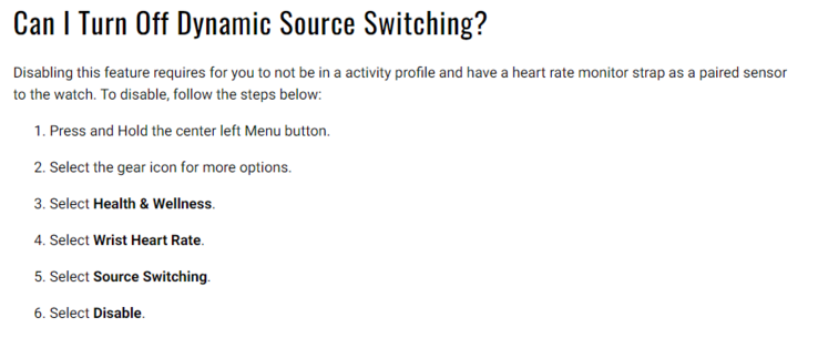 Instruction for users to disable the heart rate dynamic source switching tool. (Image source: Garmin)