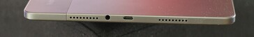Right: speaker, 3.5 mm audio port, USB-C port, speaker