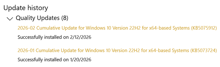 One of Notebookcheck-owned Windows 10 PCs. KB5075912 was installed on February 12