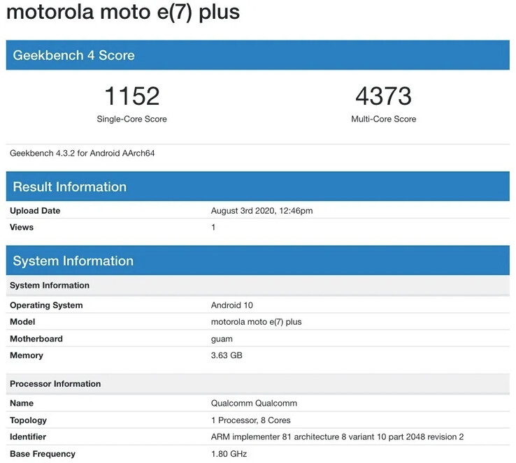 The E7 Plus on Geekbench 4. (Source: Geekbench via MySmartPrice)