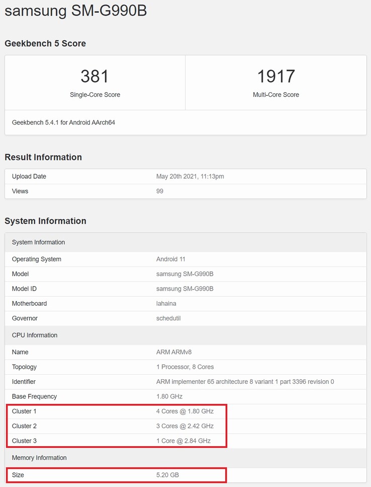 Samsung SM-G990B. (Image source: Geekbench)