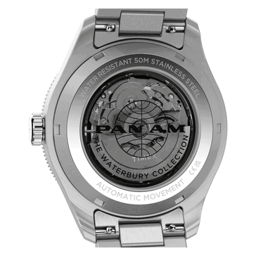 Rear view of the Timex Pan Am Waterbury Automatic GMT watch showing its exhibition case back and automatic movement.