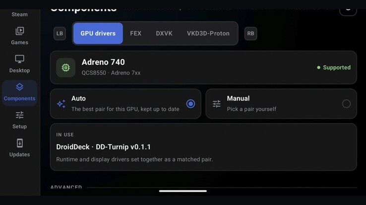 DroidDeck's GPU driver settings on an Adreno 740 device. Independent experimental forks are exploring support for PowerVR and Mali graphics.