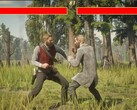 Red Dead Redemption 2 protagonist Arthur Morgan fighting an NPC in Mortal Kombat style. (Image source: Blurbs on YouTube, screenshot)