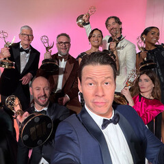 Cast of The Studio celebrating Emmy wins (Image source: Apple.com)