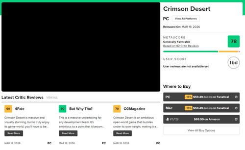 Crimson Desert Metascore shown on Metacritic