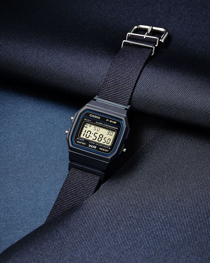 Casio F-91WF-2A with a navy cloth band.