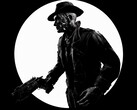 A black and white sideways shot of Fallout 4's Nick Valentine