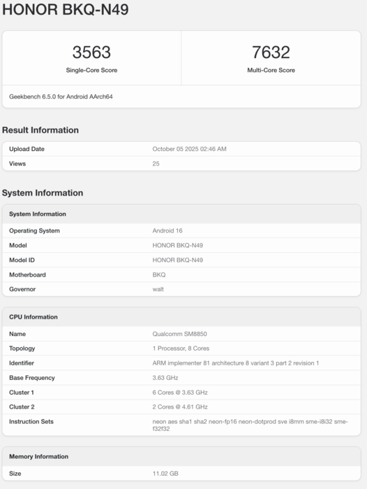Geekbench listing of the Honor Magic 8. (Image source: Geekbench)