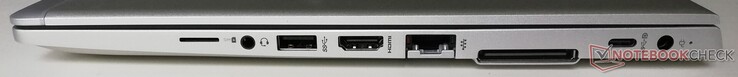 Right side: SIM card slot, combined audio jack, 1x USB 3.1 Gen.1, HDMI, LAN, docking connector, 1x USB 3.1 Typ-C, power supply